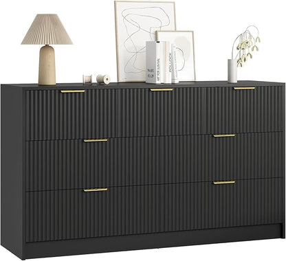 7 Drawers Dresser for Bedroom,55" Wide Fluted Dresser with Deep Drawers, Modern Chest of Drawers, Wood TV Stand Storage Organizer for Closet, Living Room, Hallway, Black