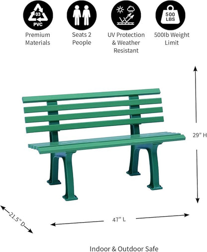 Plow & Hearth Weatherproof German PVC Outdoor Bench | Holds Up to 500 lbs | Garden Patio Porch Park Deck | Steel and Resin | Green