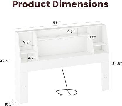 Queen/Full Headboard Queen Size with Storage, Wood Bookcase Headboard with Charging Station & 2 LED Lights, Modern Headboard Only for Queen Size Bed, Noise-Free, Sturdy and Durable, White