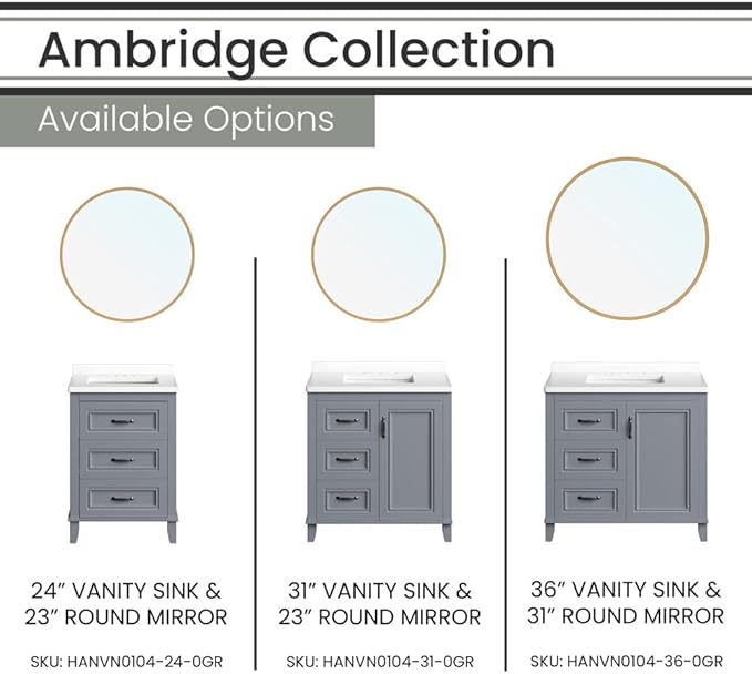 Hanover Ambridge 31'' Vanity Cabinet with Sink Combo for Bathroom, Powder Room | Pre-Assembled Cabinet | 1 Door, 3 Drawers | Artificial Stone Countertop, Gray Cabinet | HANVN0104-31-0GR