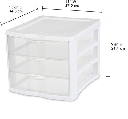 Sterilite 4-Pack 3 Drawer Unit, Plastic Desktop Organizer with Clear Drawers, White Frame - Stackable Multi-Purpose Storage for Office Supplies, Craft Rooms, Classrooms and Home Organization