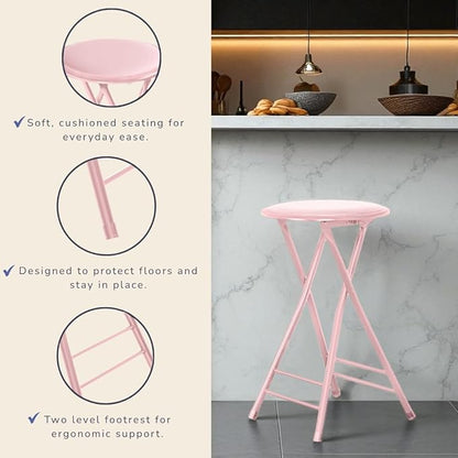 Lavish Home Folding Stool - Backless 24-Inch Stool with 225lb Capacity for Kitchen or Rec Room - Portable Indoor Counter Bar Stools (Pink)