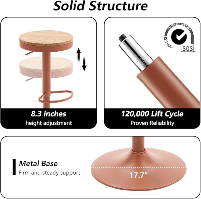 Kidol & Shellder Bar Stools Set of 2 Round Adjustable Swivel Barstools Modern Backless Bar Chairs Wooden Seat Counter Height Stools Armless for Kitchen Island, Cafe, Dining Room Terracotta