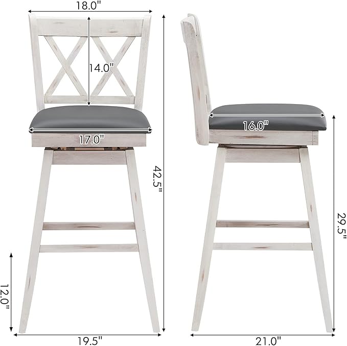 COSTWAY Bar Stool Set of 4, 360 ° Swivel Bar Height 29.5 inch Bar Stool with Foot Rest Upholstered Cushion & Ergonomic Backrest, Sturdy Frame, for Pub, Restaurant, Home (4, Antique White + Grey)