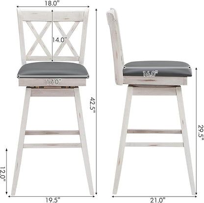 COSTWAY Bar Stool Set of 4, 360 ° Swivel Bar Height 29.5 inch Bar Stool with Foot Rest Upholstered Cushion & Ergonomic Backrest, Sturdy Frame, for Pub, Restaurant, Home (4, Antique White + Grey)