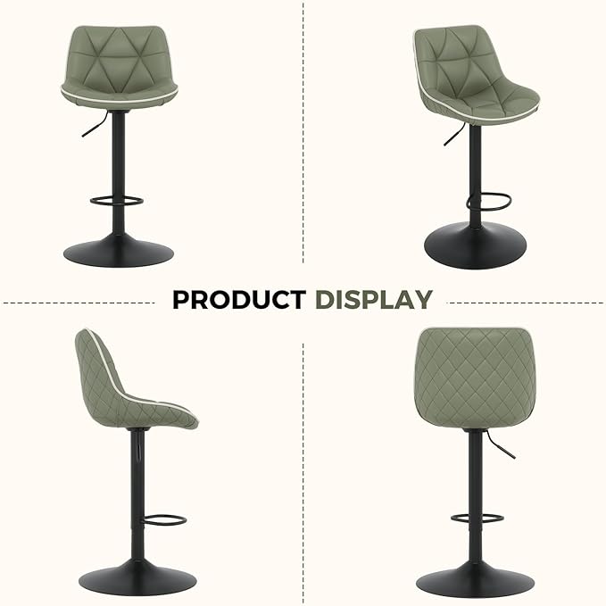 Nalupatio Bar Stools Set of 4, Adjustable Swivel Counter Height Bar Stools with Back, Armless Modern Barstools for Kitchen Island & Home Bar, Upholstered Seat,（Green）