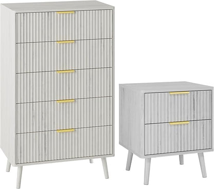LYNSOM Fluted Dresser and Nightstand Sets 2 Piece, 2-Drawer Nightstands and 5-Drawers Dresser, Wood Bedroom Furniture Set for Home, Bedroom, Hallway, White