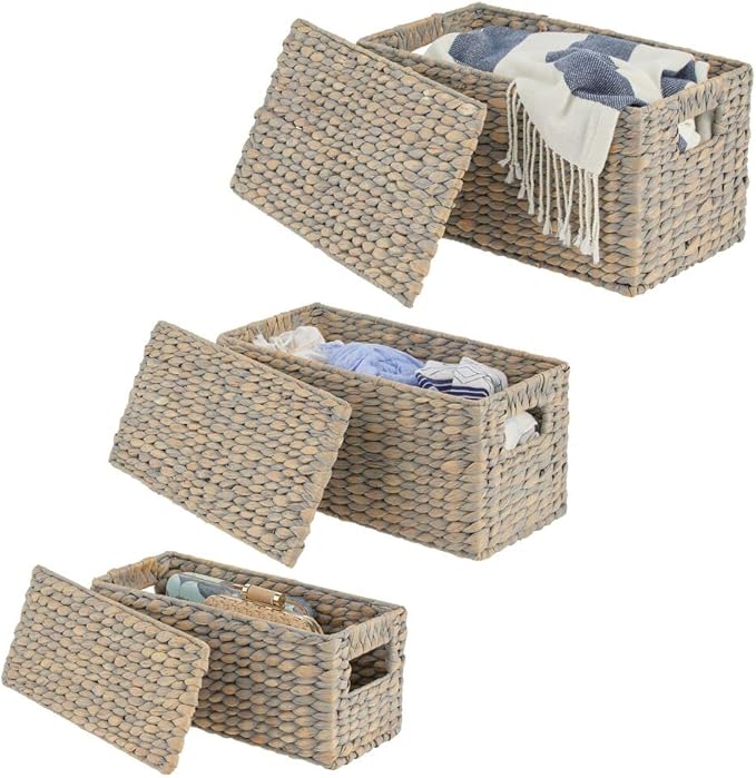 mDesign Woven Water Hyacinth Rectangle Storage Organizer Basket Bin with Topper Lid and Handles - Natural Farmhouse Holder Containers for Closet, Bedroom, Bathroom, Office - Set of 3 - Gray
