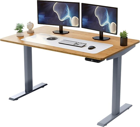 RISE UP dual motor electric standing desk 60x30" black bamboo desktop premium ergonomic adjustable height sit stand up home office computer desk table motorized powered modern furniture small standup