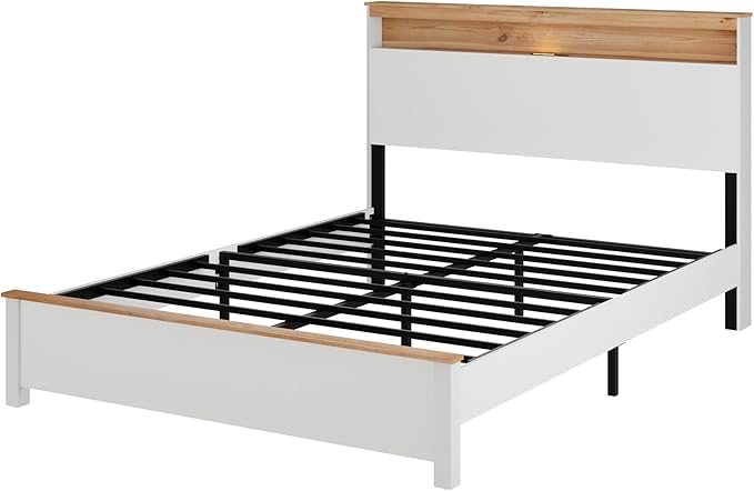 Queen Bed Frame, Wood Platform Bed Frame with Storage Headboard, Charging Station, Modern Bedframe Queen Size, 800lbs Capacity, Metal Slat Support, Noise-Free, No Box Spring Needed, White