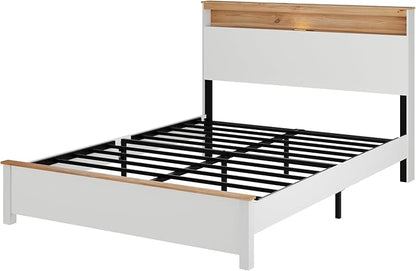 Queen Bed Frame, Wood Platform Bed Frame with Storage Headboard, Charging Station, Modern Bedframe Queen Size, 800lbs Capacity, Metal Slat Support, Noise-Free, No Box Spring Needed, White