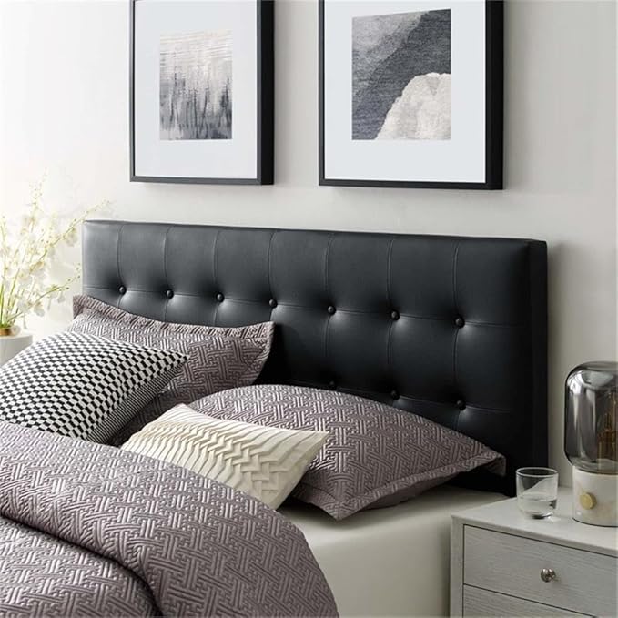 Hawthorne Collections Contemporary Tufted Button Faux Leather Upholstered Queen Headboard in Black