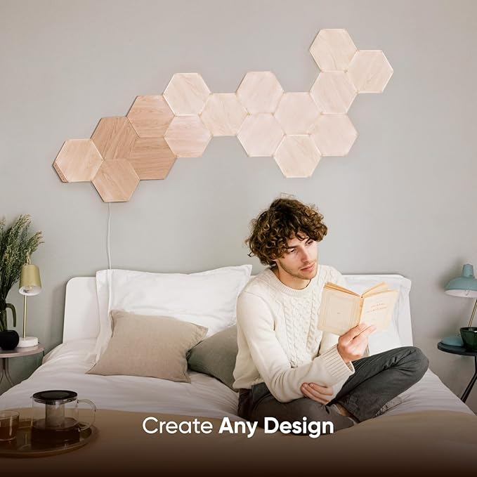 Nanoleaf Elements Wood Look Smart Wall Lights, Hexagon LED Wall Lights work with Alexa Google Assistant, Home Wall Decor for Living Room with Music Sync, Touch Control, Ambient White 1500-4000K, 13 PK