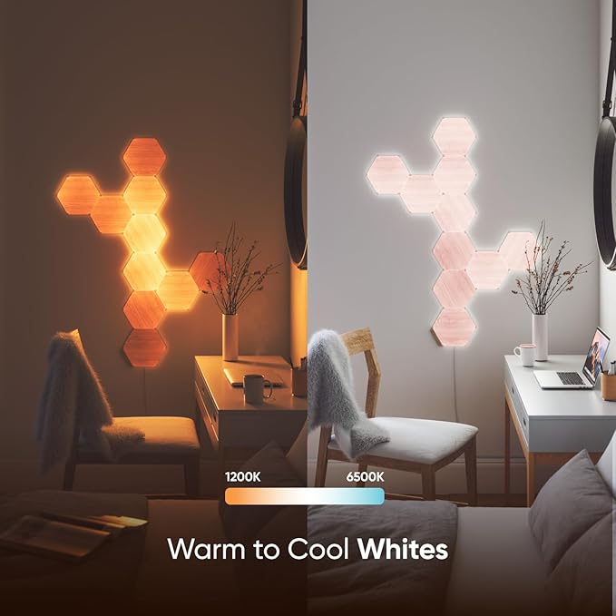 Nanoleaf Elements Wood Look Smart Wall Lights, Hexagon LED Wall Lights Work with Alexa Google Assistant, Home Wall Decor for Living Room with Music Sync, Ambient White 1500-4000K, Expansion 3 Panel