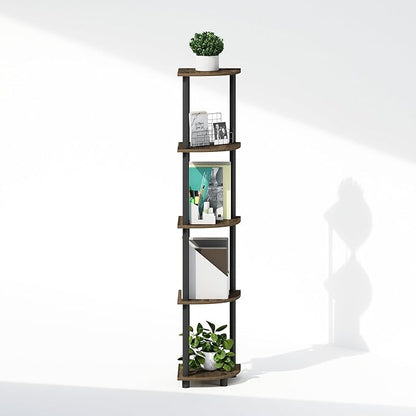 Furinno Turn-N-Tube Corner Shelf, 5-Tier Corner Display Rack, Shelving Unit, for Organization and Storage, Living Room, Home Office, Garage, Bedroom, Columbia Walnut