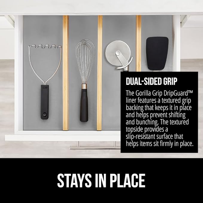GORILLA GRIP DripGuard Shelf Liner, Non Adhesive Drawer and Kitchen Cabinet Protector, Slip Resistant BPA Free Smooth Surface Plastic Liners for Cabinets, Bathrooms, Closets, 17.5x240 Inch, Gray