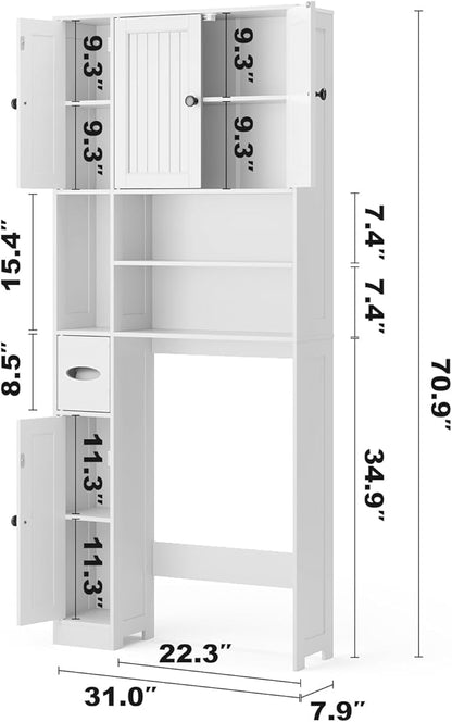 Ahomly Over The Toilet Storage Cabinet with Adjustable Shelves and Five Doors, Over Toilet Bathroom Organizer, Above Toilet Storage Cabinet with Open Shelves for Bathroom, Restroom, Laundry, White