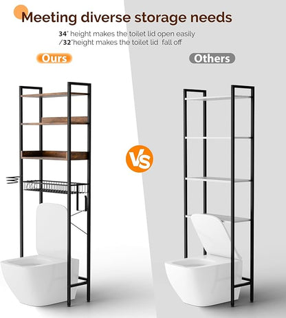 VINGLI Over-The-Toilet Storage Rack,4 Tier Bathroom Shelf Organizer Adjustable with Basket and Paper Holder,Freestanding Bathroom Space Saver Matal Stand with Feet Pad Above Toilet,Rustic Brown