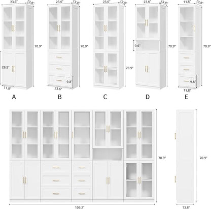 VOWNER Bookcase with Glass Doors & Drawers, 5 Tier Bookshelf with Adjustable Shelf, Modern Large Storage Display Cabinet Set for Home Office, Living Room, White (BDDB)