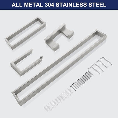 Brushed Nickel 4-Piece Bathroom Hardware Accessories Set, Bathroom Hardware Set including Towel Bar,Towel Holder, Toilet Paper Holder,Towel Hook, SUS304 Stainless Steel Bath Towel Bar Set Wall Mounted