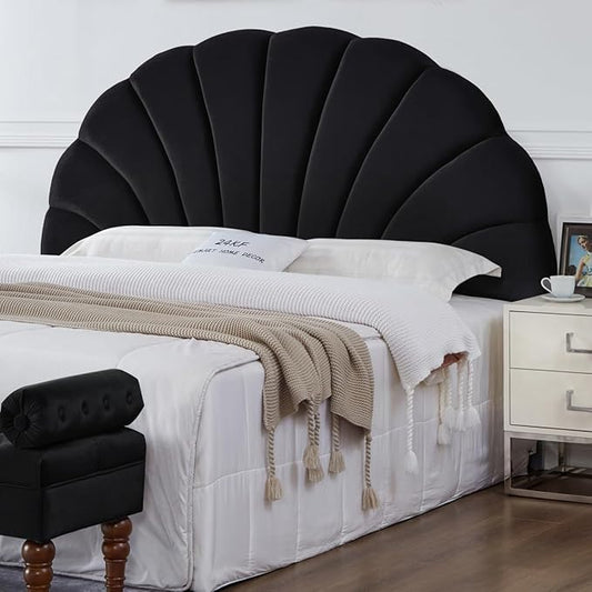 24KF Stunning Crown Design King Headboard, Upholstered Soft Velvet Petal Pattern Headboard King/CA King-Black