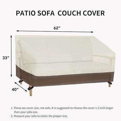 Easy-Going Waterproof Outdoor Couch Cover, Heavy Duty 3-Seater Patio Sofa Cover, Winchdproof Outdoor Furniture Cover with Air Vent (62Wx40Dx33H inch, Beige/Dark Brown)