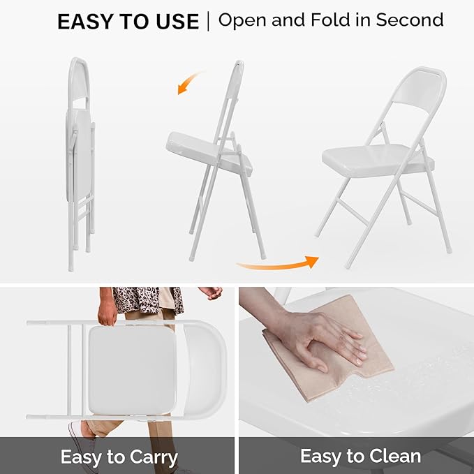 VINGLI Folding Chairs All Steel Metal Frame, Capacity 350 lbs, Durable Portable and Versatile for Indoor Outdoor Use, White, Set of 8
