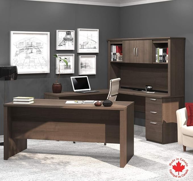 Bestar Logan 66W U or L-Shaped Executive Office Desk with Pedestal and Hutch in Antigua