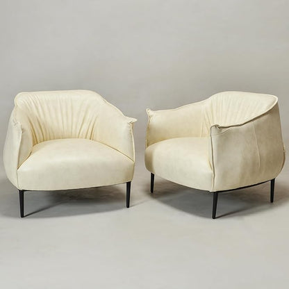 KINWELL 33" W Faux Leather Barrel Chairs Set of 2 with Hand-Tufted Pleated Back Flared Arms, Modern PU Upholstered Accent Chairs with Metal Legs, Large Armchairs Lounge Chairs for Living Room, Cream