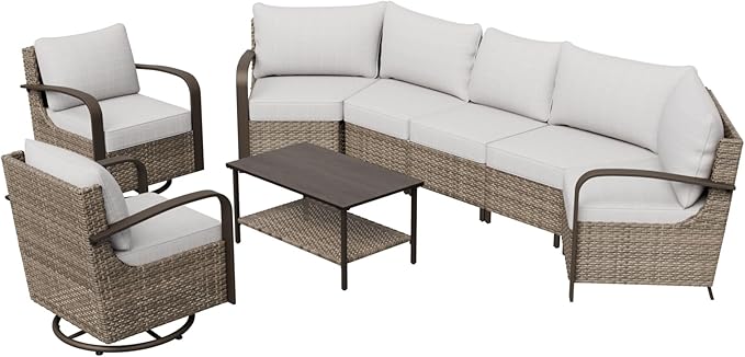 COOS BAY Aurora Terrace Half-Moon Outdoor Furniture Set, Rattan Conversation Set with Swivel Rockers, Curved 5-Seat Sofa, Coffee Table, Seats 7, Beige/Beige
