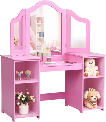 GOFLAME Kids Vanity Table, 2 in 1 Detachable Design with Dressing Table and Writing Desk, Princess Makeup Dressing Table with 4 Large Storage Shelves and 3-Panel Mirror for Kids and Girls (Pink)