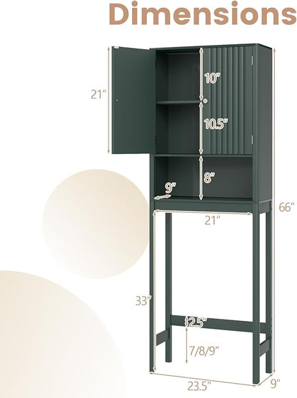 Tangkula Over The Toilet Storage Cabinet, Bathroom Space Saver with Fluted Doors Adjustable Shelf & Bottom Bar, Freestanding Above Toilet Storage Cabinet Organizer for Laundry, Restroom (Forest Green)
