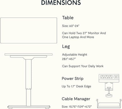 FLEXISPOT EN2 Whole-Piece Standing Desk with Clamp Power Strip, 60 x 24 Electric Stand Up Height Adjustable Desk with Cable Management (Gray Frame + Black Top, 2 Packages)