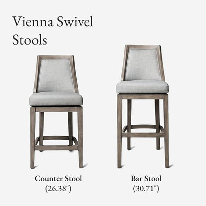 Maven Lane Vienna Counter Stools 26 Inches – Set of 3 – Swivel Stools with Footrests – Grey Solid Wood and Grey Fabric Upholstery – Ideal for Kitchen Islands and Counters
