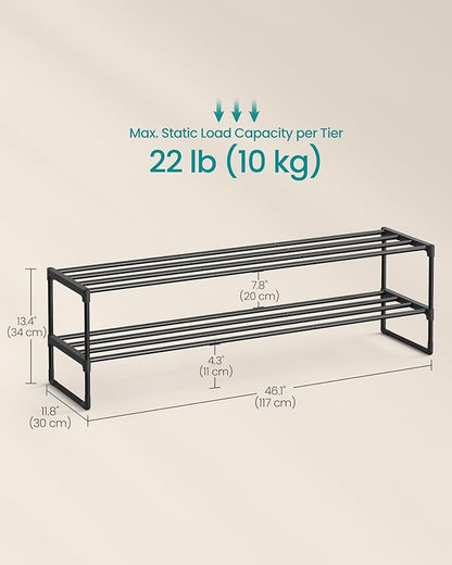 SONGMICS Shoe Rack, 2-Tier Shoe Organizer, Metal Storage Shelf, Upright or Upside Down, for 15-18 Pairs, Stackable, for Entryway, 11.8 x 46.1 x 13.4 Inches, Black ULSA032B01