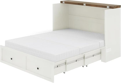 Queen Murphy Bed with 6" Tri-Fold Memory Foam Mattress, Storage Drawer & Charging Station, Space-Saving Design for Home Office or Guest Room, White