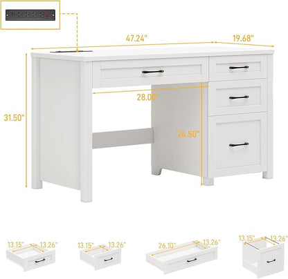 Vabches Farmhouse 47" Executive Desk, Computer Desk with File Drawer and Charging Station, Workstation for Home Office, Study,Cream White.