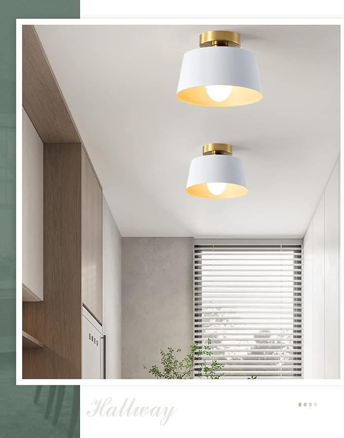 Ceiling Light Fixture, Hallway Ceiling Light with Gold Plate and White Shade, Modern Simple Style Porch Light Fixtures Semi Flush Mount (2 Pack White)