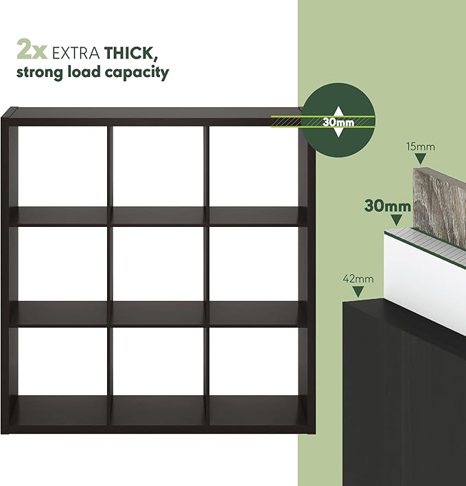 Furinno CUBICLE Book Shelf, 9-Cube Thick Frame Bookshelf, Reversible Bookcase with Open Back, 14.6 x 43.8 x 43.8, for Living Room, Bedroom, Home Office, Black Dark Oak