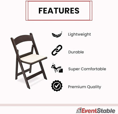 EventStable Titan PRO Resin Folding Chair - Dark Brown Indoor/Outdoor Lightweight Foldable Chair - Vinyl Padded Folding Chair for Weddings Parties Events - 50 Pack