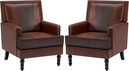 MOJAY Faux Leather Accent Chairs Set of 2, Mid-Century Modern Upholstered Lounge Armchair, Comfy Club Chair for Living Room, Bedroom, Study & Reception (Brown)