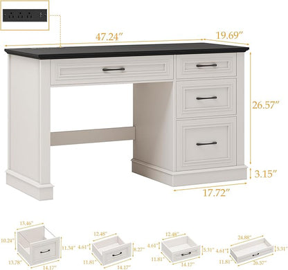 Vabches Farmhouse 47" Executive Desk, Computer Desk with Drawers and File Drawer, Workstation Computer Desk with Charging Station for Home Office, Study,（Black
