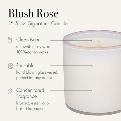LAFCO New York Signature Candle, Blush Rose - 15.5 oz - 90-Hour Burn Time - Reusable, Hand Blown Glass Vessel - Made in The USA