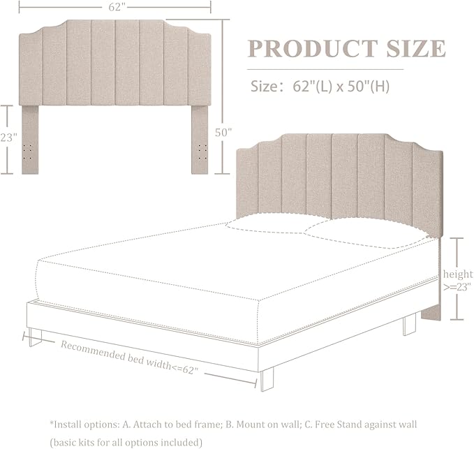 Queen Size Headboard Only, Linen Wall Mounted Headboard Queen/Full Size for Adjustable Bed, Modern Vertical Channel Design with Curved Tufted Upholstered Head Board, Beige