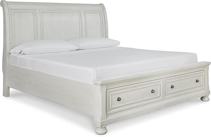 Signature Design by Ashley Robbinsdale Casual King Sleigh Platform Bed with 2 Drawers, Foundation or Box Spring Not Needed, White