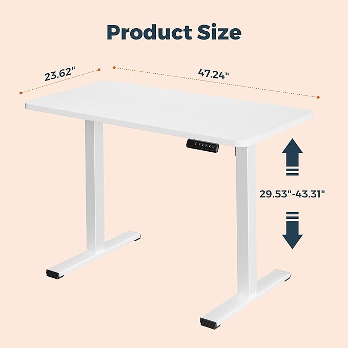 One-Piece Standing Desk 47 x 24 Inches, Small Adjustable Height Desk, Electric Sit Stand Desks Home Office Computer Workstation, White