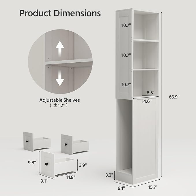 LAUSAINT HOME Tall Bathroom Storage Cabinet, Anti-Tipping Narrow Floor Cabinet with 2 Adjustable Shelves & 3-Level Drawers for Small Space, Home, Bathroom, Kitchen, Laundry (White)