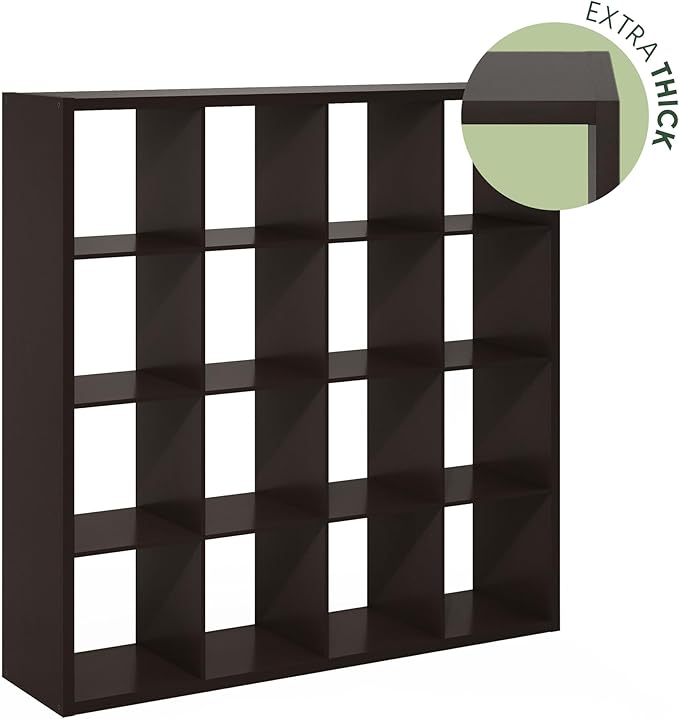 Furinno Cubicle Book Shelf, 16-Cube Thick Frame Bookshelf, Reversible Bookcase with Open Back, 14.6 x 57.8 x 58, for Living Room, Bedroom, Home Office, Black Dark Oak