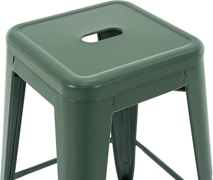Vogue Furniture Direct 24 Inch Metal Bar Stools, Backless Counter Height Barstools, Indoor Outdoor Stackable Stools with Square Seat, Set of 4 (Dark Green)