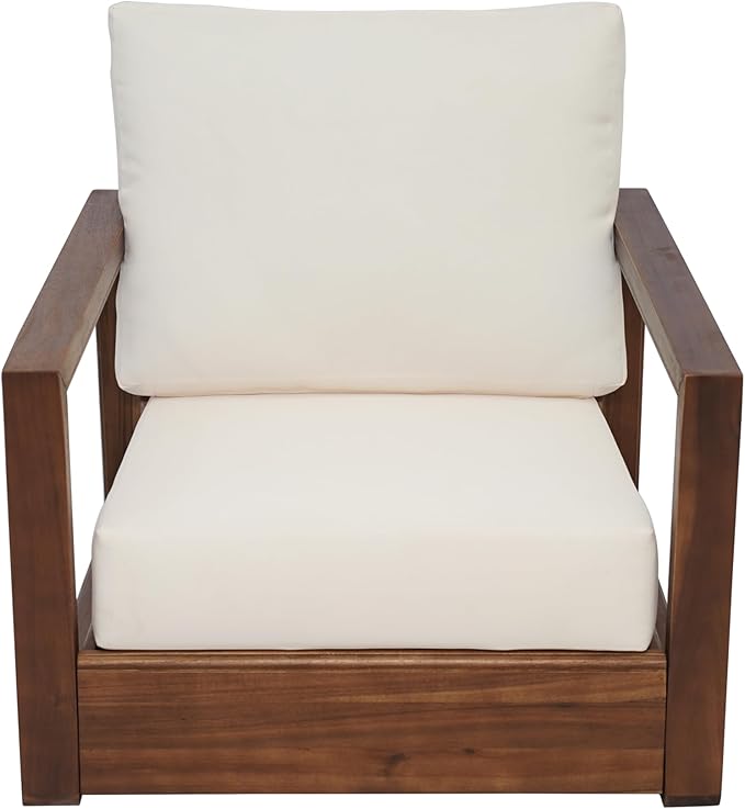 Christopher Knight Home Olaf 4 Pieces Outdoor Conversation Set, Acacia Wood Chat Set, Rectangular Coffee Table and Patio Loveseat with 2 Club Chairs, Patio Furniture Set with Cushion, Beige+Mocha